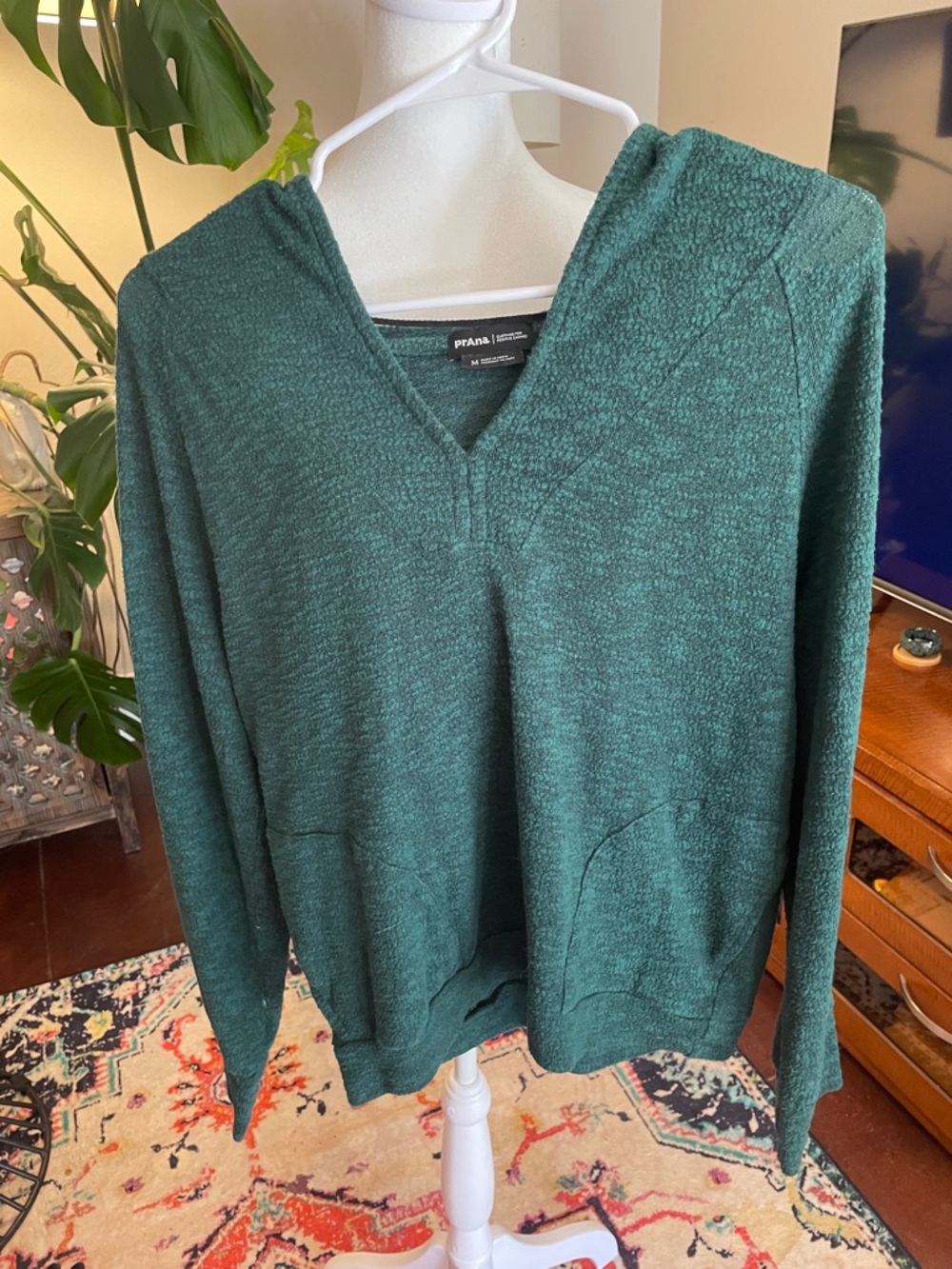 Prana Men's Teal Green V-Neck Hooded Sweater